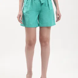 ELLE Women Green Solid Linen Shorts-image-76