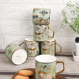 Femora Set of 6 Green Ethnic Motifs Printed Bone China Glossy Tea Cups 180 ml Each-17