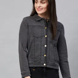 Hubberholme Women Charcoal Grey Solid Denim Jacket-picture-21