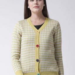 Club York Women Yellow & White Checked Acrylic Cardigan-48