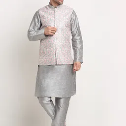 KRAFT INDIA Men Silver Kurta & Churidar with Nehru Jacket-image-32