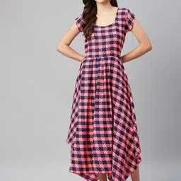 MBE Pink & Navy Blue Checked Crepe Midi Dress-image-18