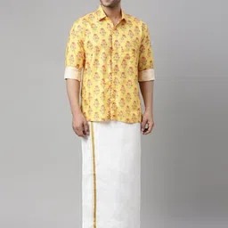 VASTRAMAY Men Mustard & White Printed Shirt with Mundu-picture-24
