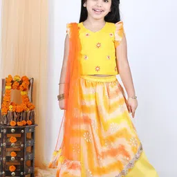 here&now x kinder kids Kinder Kids Girls Yellow & Orange Embroidered Ready to Wear Lehenga & Blouse With Dupatta-picture-15