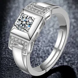 MYKI Men Sterling Silver Silver-plated CZ-Studded Solitaire Adjustable Finger Ring-14
