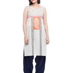 EZIS FASHION Women White & Orange Ethnic Motifs Printed Pure Cotton Kurta-image-98