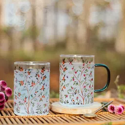 Strokes by Namrata Mehta Green 2 Pieces Floral Printed Glass Transparent Mugs 350 ml-28