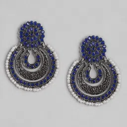 Anouk Blue & Silver-Toned Oxidised Stone Studded & Beaded Crescent Shaped Chandbalis-15
