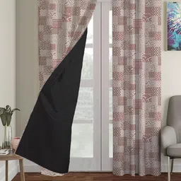 HOUZZCODE Cream-Coloured & Pink Set of 2 Black Out Long Door Curtains-25