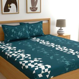 Dreamscape Blue Geometric Cotton Blue King Fitted Bedsheet with 2 Pillow Covers-53