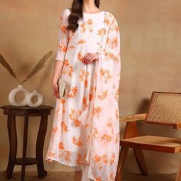 DSK STUDIO Floral Printed Boat Neck Three-Quarter Sleeves Anarkali Kurta with Dupatta-44