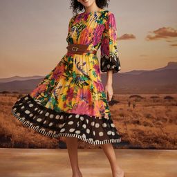 VERB BY PALLAVI SINGHEE Floral Printed Puff Sleeve Gathered Georgette Tiered A-Line Dress-image-93