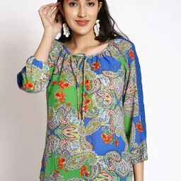 250 DESIGNS Ethnic Motifs Printed Tie-Up Neck Puff Sleeves Georgette Top-image-35