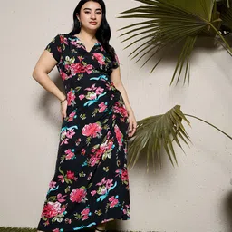 CURVE BY KASSUALLY Plus Size Black Floral Print V-Neck Ruched Crepe Wrap Dress-29