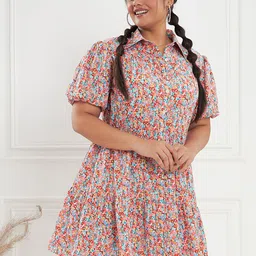 CURVE BY KASSUALLY Floral Printed Puff Sleeve A Line Dress-24
