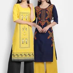 7Threads Women Pack Of 2 Yellow & Navy Blue Ethnic Motifs Floral Crepe Kurtas-image-30