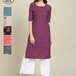 7Threads Women Pack of 6 Geometric Printed Crepe Kurta-image-40