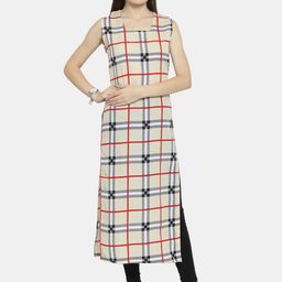 Enchanted Drapes Women Beige & Red Checked Pure Crepe Kurta-picture-18