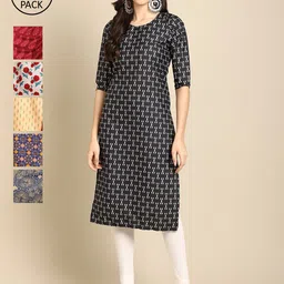 7Threads Women Pack of 6 Geometric Printed Crepe Kurta-image-82