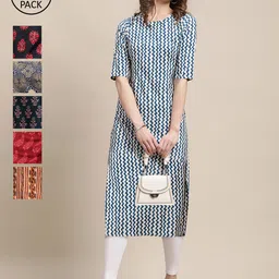 7Threads Women Pack Of 6 Geometric Printed Crepe Kurta-image-80