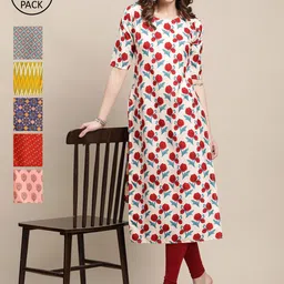 7Threads Women Red & Yellow Pack of 6 Geometric Printed Crepe Kurtas-image-95