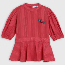 Elle Girls Red Striped Mandarin Collar Puff Sleeves Peplum Top-45