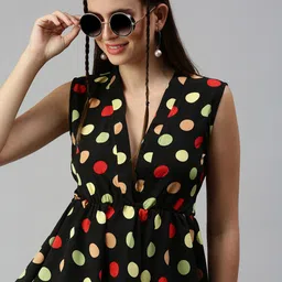 SHOWOFF Black & Multicoloured Print Crepe Peplum Top-image-50