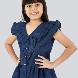 Olele Girls Flutter Sleeve Ruffles Cotton Denim Peplum Top-image-95