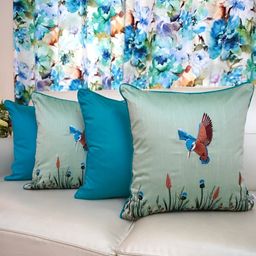 TARA- Sparkling Homes Green & Brown Set of 4 Embroidered Square Cushion Covers-27