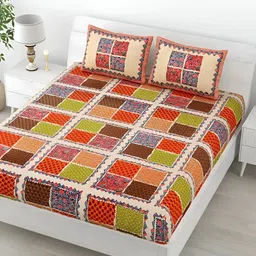 LIVING ROOTS Orange & Green Printed 144 TC Pure Cotton Queen Bedsheet with 2 Pillow Covers-image-26
