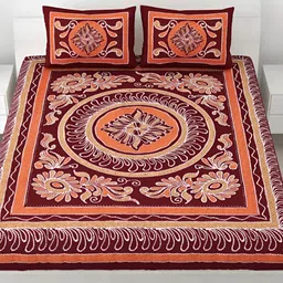 LIVING ROOTS Maroon & Orange Floral 144 TC Pure Cotton Queen Bedsheet with 2 Pillow Covers-image-95