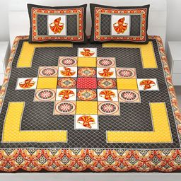 LIVING ROOTS Grey & Mustard Floral Cotton 144 TC Queen Bedsheet with 2 Pillow Covers-image-15