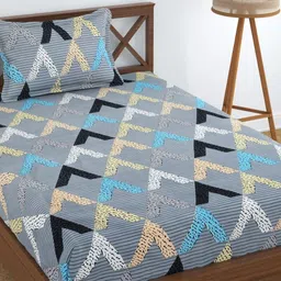 UrbanArts Grey & Blue Geometric 180 TC Single Bedsheet with 1 Pillow Covers-image-52
