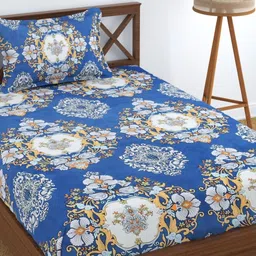 UrbanArts Blue & White Ethnic Motifs 180 TC Single Bedsheet with 1 Pillow Covers-image-30