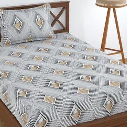 UrbanArts Grey & White Geometric 180 TC Single Bedsheet with 1 Pillow Covers-image-35