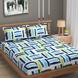 UrbanArts White & Blue Geometric 180 TC King Bedsheet with 2 Pillow Covers-image-33