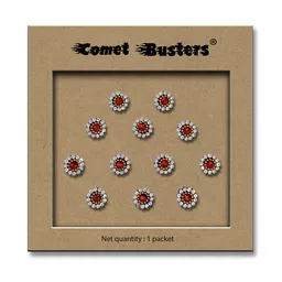 Comet Busters 12 Pcs Embellished Reusable Designer Bindis - Red & Silver-Toned-73
