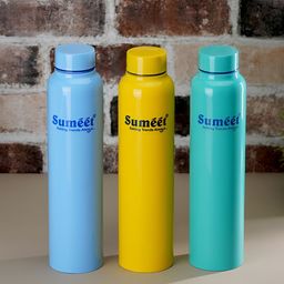Sumeet 3 Pcs Blue & Yellow Stainless Steel Leak-Proof Fridge Water Bottles - 1 L Each-image-42