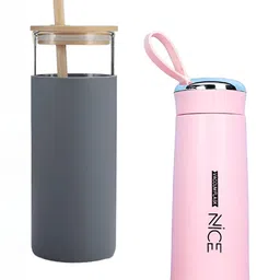 WELOUR Pink & Grey 2 Pieces Glass Water Bottle 500 ml Each-image-96