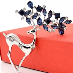 Yellow Chimes Silver-Plated & Blue Crystal Studded Deer Brooch-25