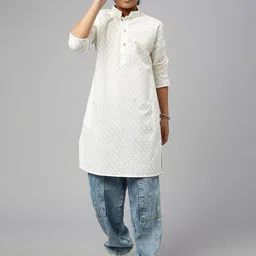 Sangria Off White Boys Chikankari Cotton Mandarin Collar Kurta-56