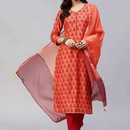 KALINI Floral Printed V Neck Kurta With Trousers & Dupatta-picture-35