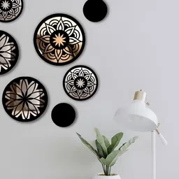 VAH Kya Bat Hai !! Black 7 Pieces Mandala Design Round Wooden Acrylic Wall Plates-22