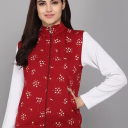 TANDUL Floral Printed Mock Collar Sleeveless Lightweight Bomber Jacket-41