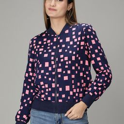 NUEVOSDAMAS Women Blue Pink Geometric Bomber Jacket-image-58