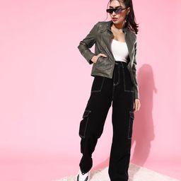 HERE&NOW Women Charcoal Solid Biker Jacket-14