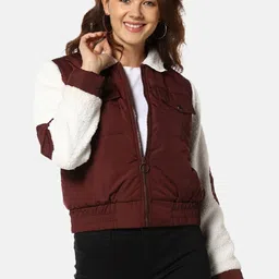 Campus Sutra Women Maroon Striped Windcheater Bomber Jacket-picture-47