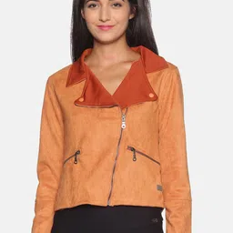 Campus Sutra Women Tan Suede Windcheater Biker Jacket-picture-23