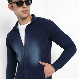 Campus Sutra Navy Blue Windcheater Washed Mock Collar Cotton Bomber Jacket-picture-28
