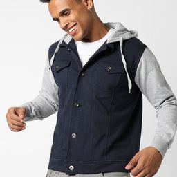 Campus Sutra Men Navy Blue Grey Windcheater Outdoor Denim Jacket-image-92